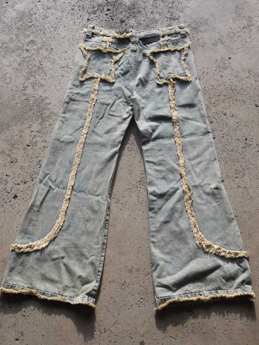 Belacartes Distressed Flared Jeans Mens W38 Blue Denim Fringe Panel Wide Leg Y2K